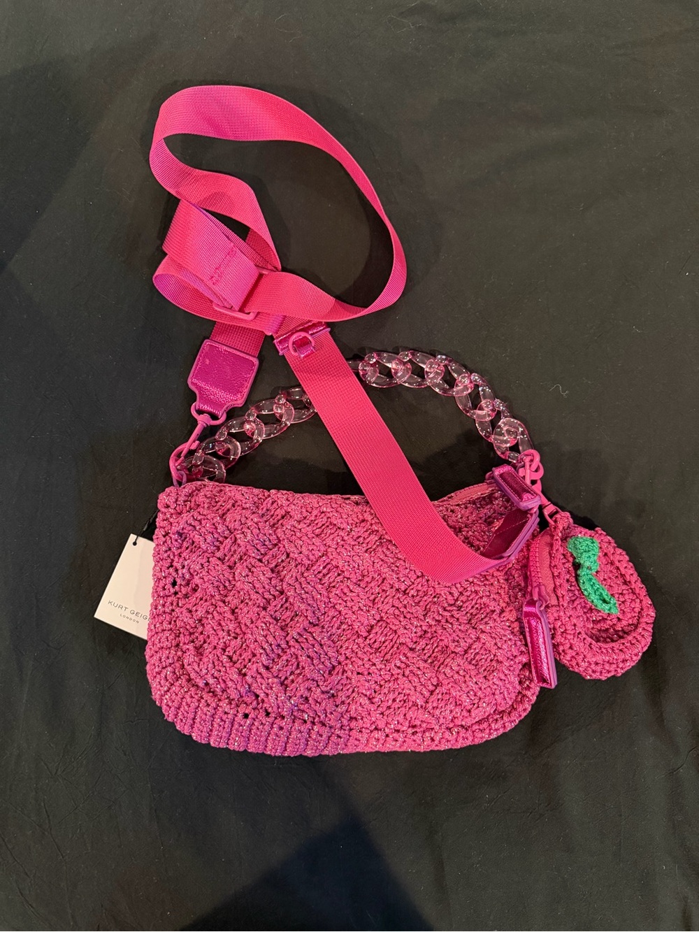 Kurt Geiger Hot Pink Crochet Crossbody Bag with Clear Chain Handle